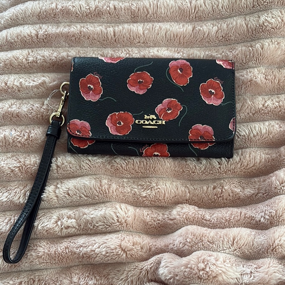 Coach Black and Red Floral Clutch Wristlet